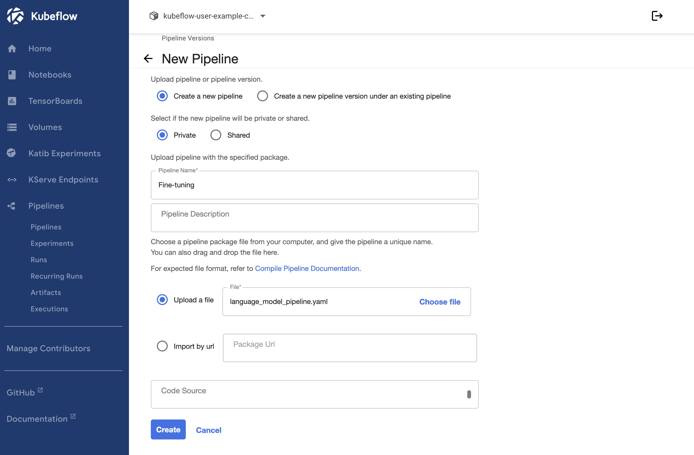 Screenshot of the New Pipeline page within Kubeflow